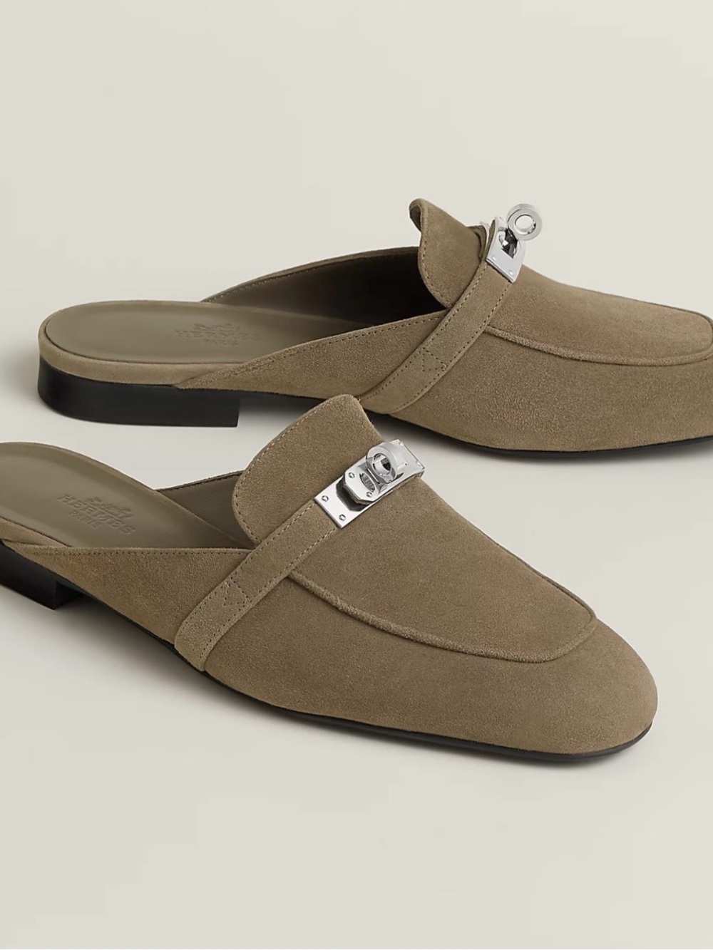 Hermes Oz Kelly Taupe Suede Mules with Gold Hardware 40